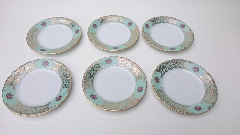 Porcelain dessert plate, Hand made in Italy - #74 Vienna , Green and gold with Rose