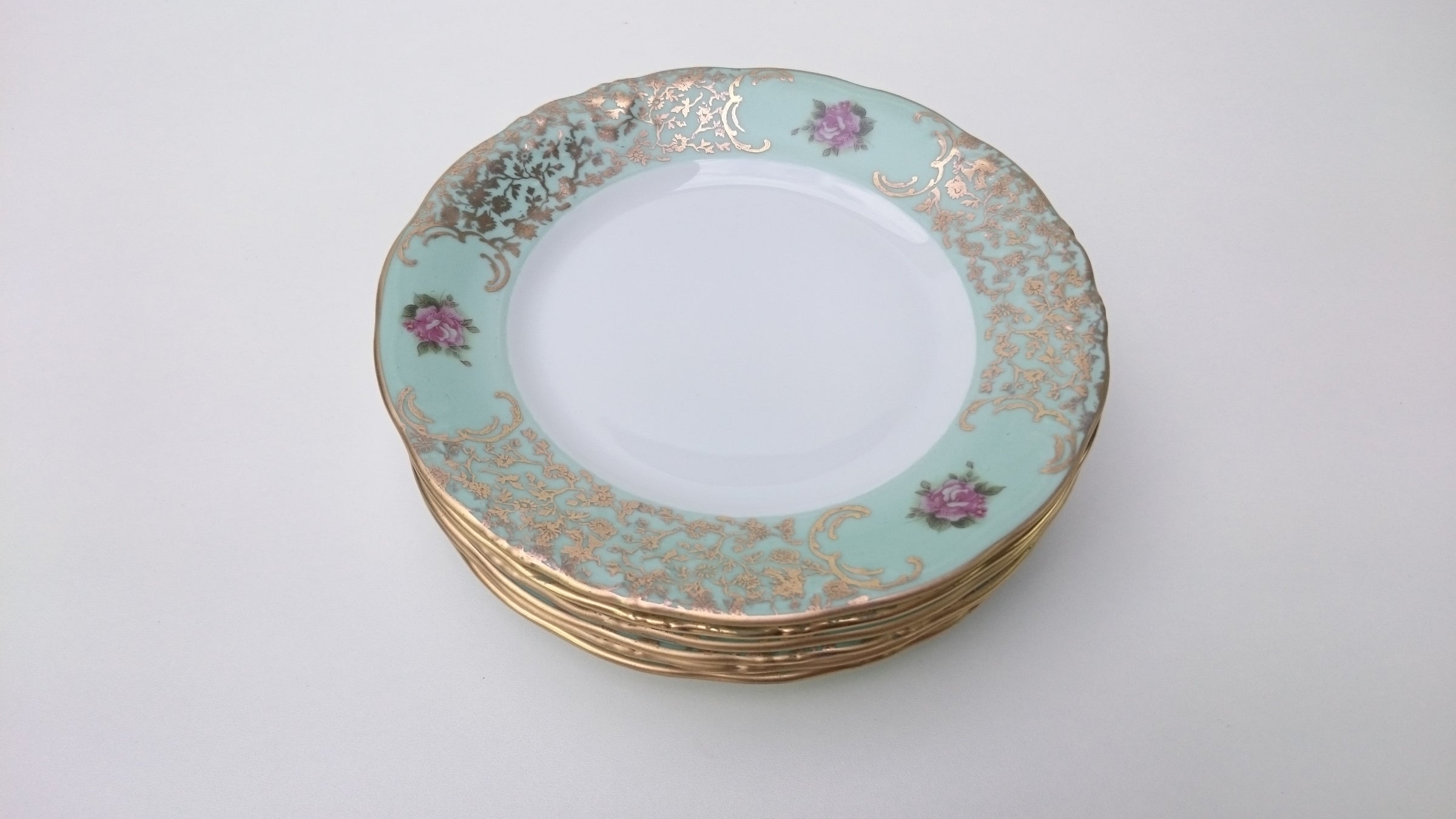 Porcelain dessert plate, Hand made in Italy - #74 Vienna , Green and gold with Rose